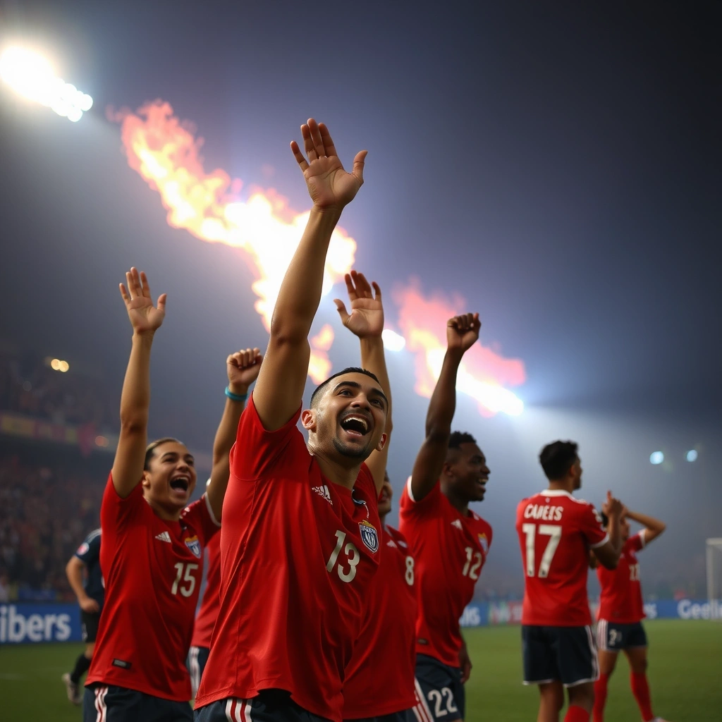 Torcedores do Flamengo celebrating em jogo noturno